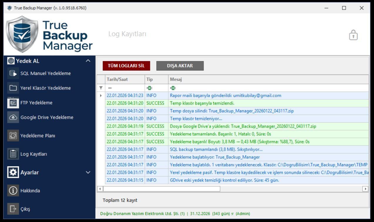 True Backup Manager Log Paneli