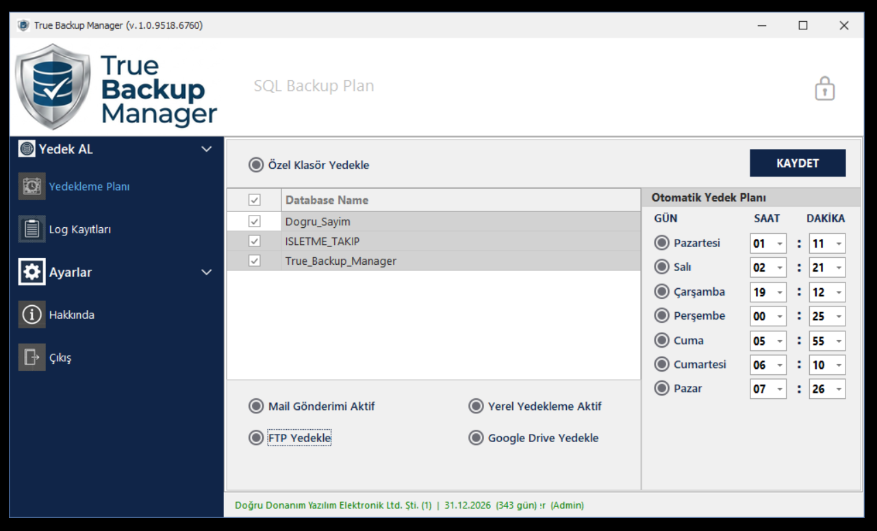 True Backup Manager Planlayıcı Ekranı
